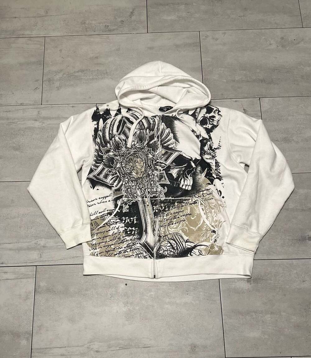 Affliction Chemistry Zip Up Hoodie Size L White Graphic Print Skull Y2K